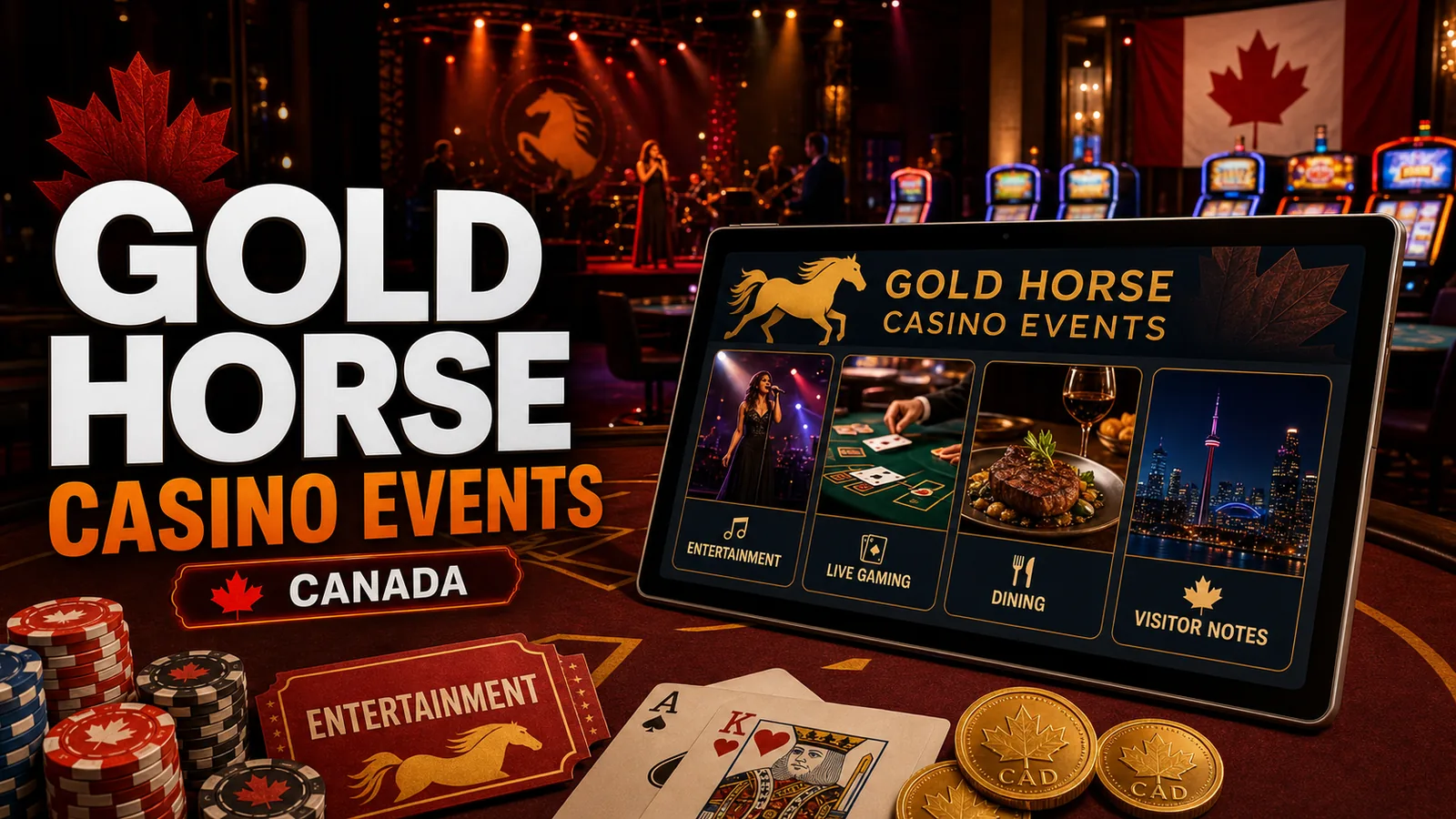 Stage lights and event-ticket motif with casino floor in background