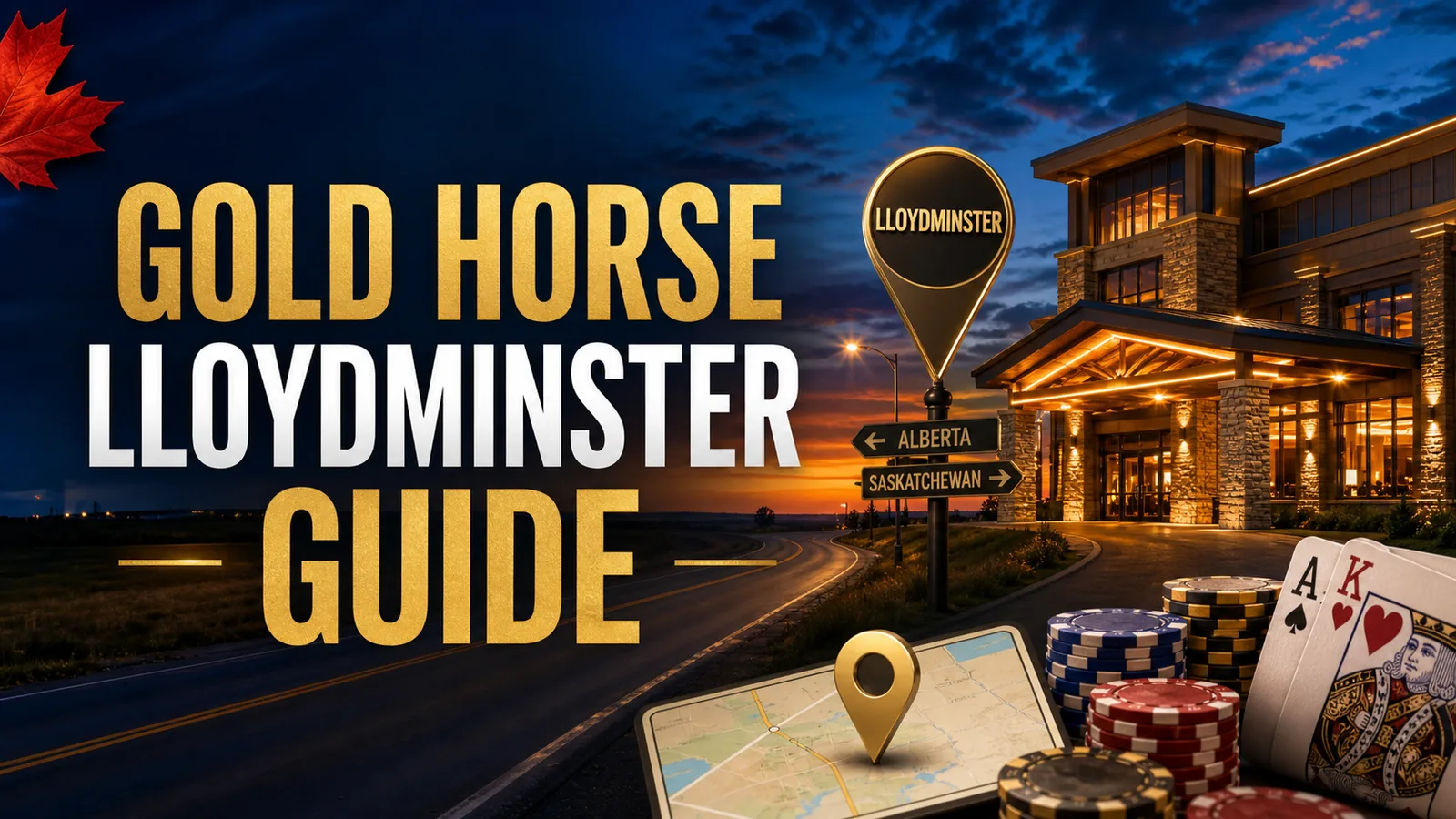 Exterior-style venue card with Lloydminster map pin, prairie road and casino lights