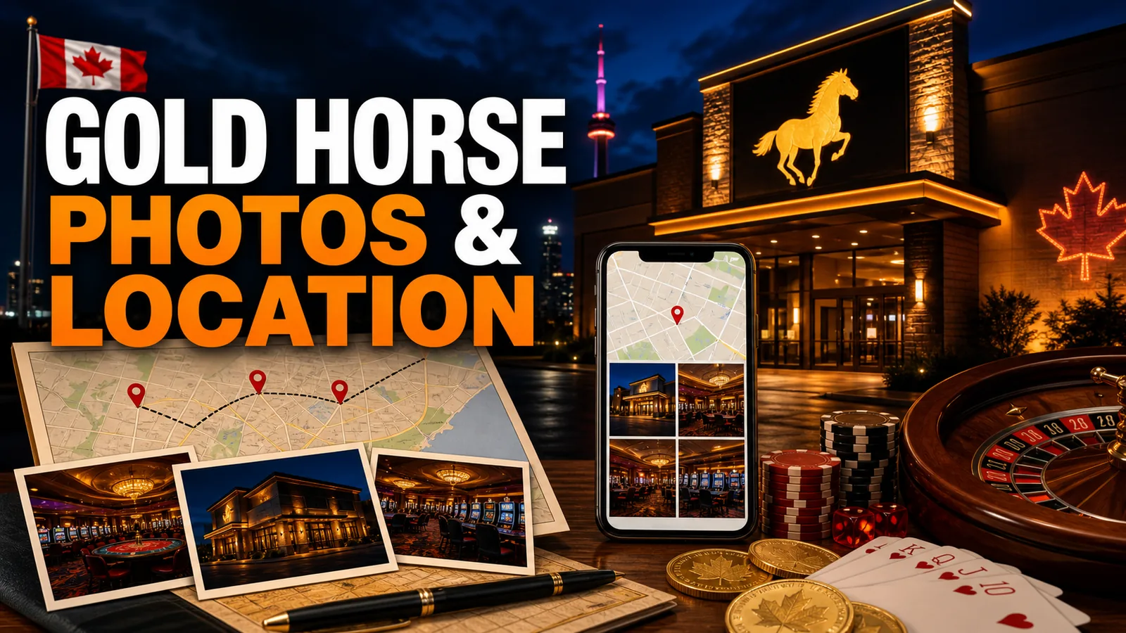 Map/photo collage with venue exterior placeholder and route marker